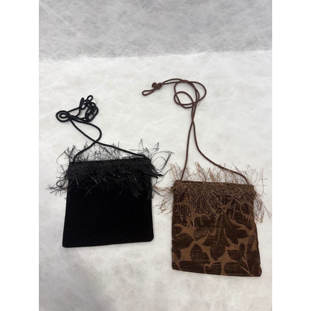Vintage Mini Crossbody Bag Set of 2 Velvet Chenille Fringe Black Brown Pouch Y2K